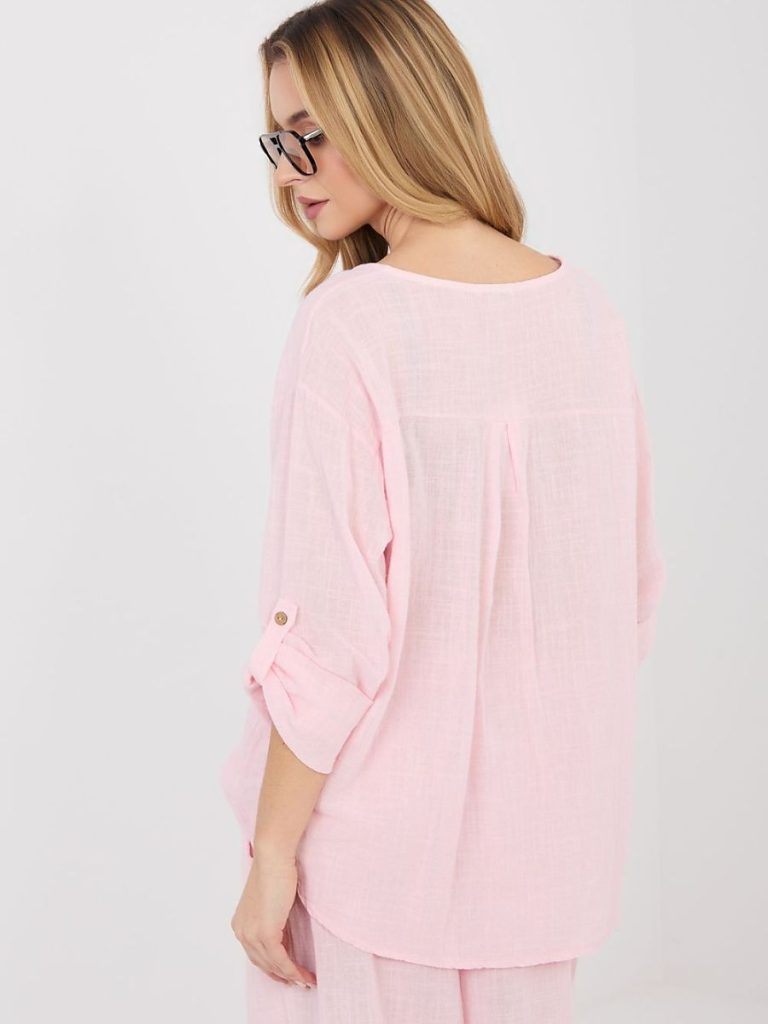 Chemise rose poudré col V manches longues retroussables — vue 3