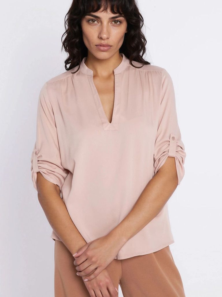 Chemisier Léa en coton-lin rose poudré, coupe ajustée