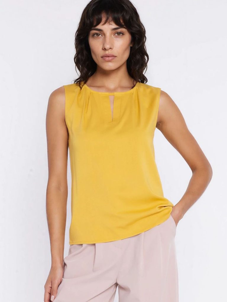 Tunique jaune sans manches col V en viscose fluide, coupe régulière