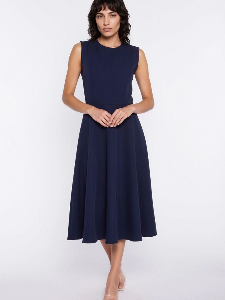 Robe trapèze bleu marine avec ceinture marquée et décolleté rond — vue 1