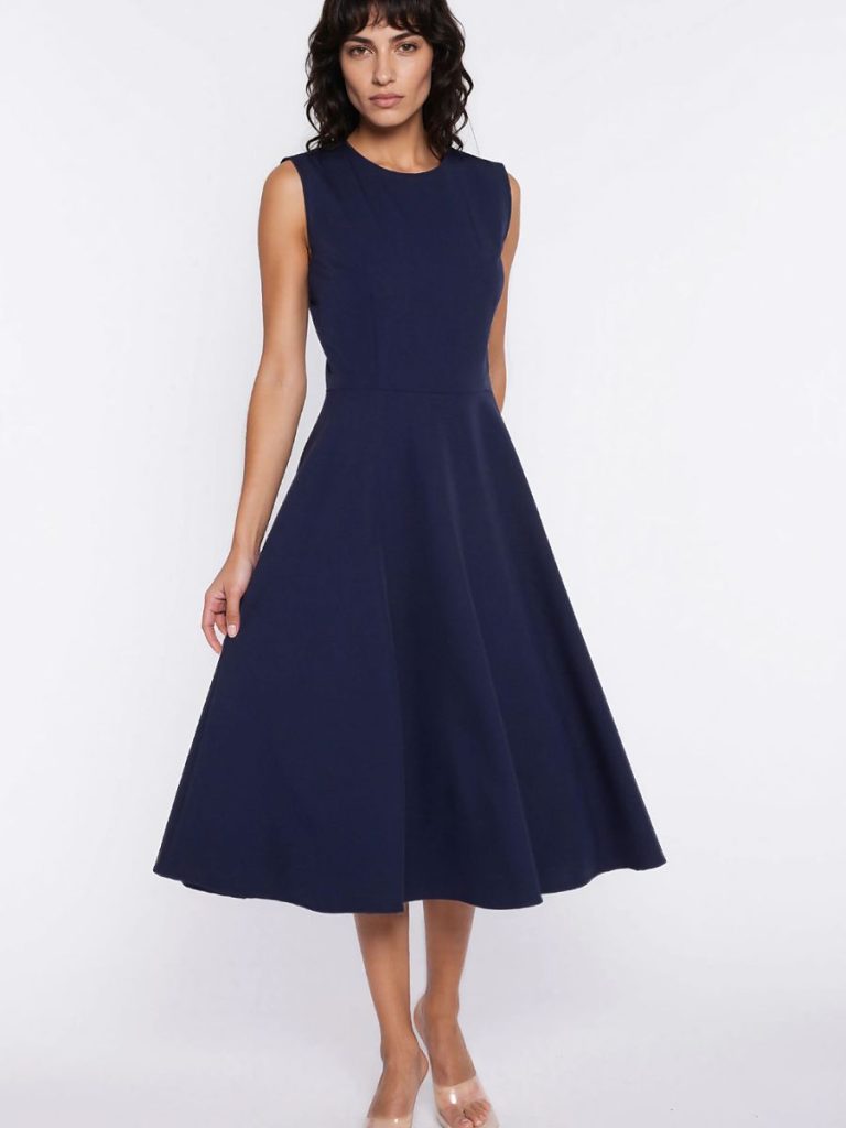 Robe trapèze bleu marine avec ceinture marquée et décolleté rond — vue 3