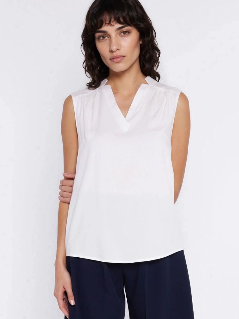 Chemisier Camille blanc col V sans manches en viscose fluide — vue 3