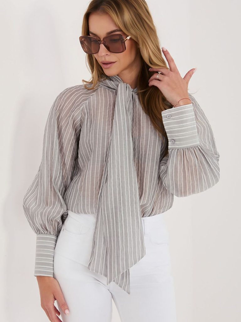 Chemise rayée femme manches bouffantes col à lien — vue 1