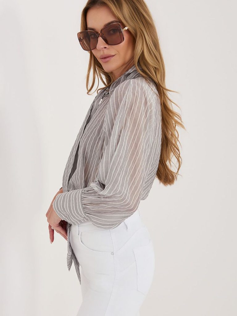 Chemise rayée femme manches bouffantes col à lien — vue 2