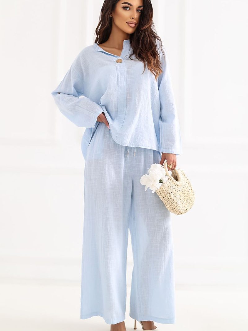 Chemisier coton blanc col V, manches longues retroussables, coupe droite — vue 1