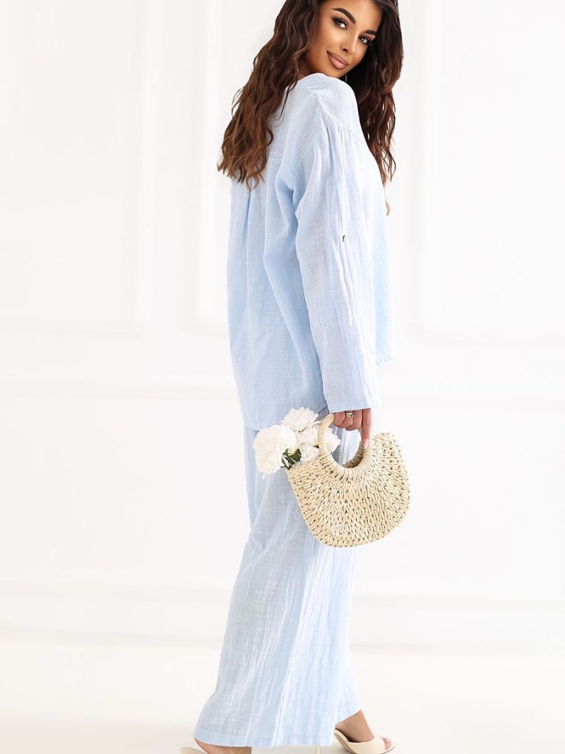 Chemisier coton blanc col V, manches longues retroussables, coupe droite — vue 3