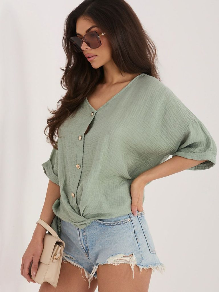 Chemise légère femme encolure V, manches courtes, viscose nylon — vue 1