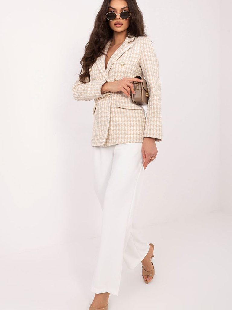 Blazer pied-de-poule beige femme, coupe structurée, double boutonnage — vue 1