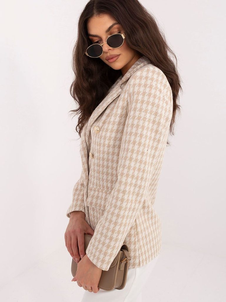 Blazer pied-de-poule beige femme, coupe structurée, double boutonnage — vue 3