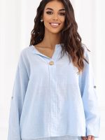 Chemisier coton blanc col V, manches longues retroussables, coupe droite — vue 4