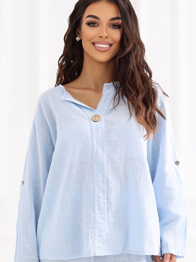 Chemisier coton blanc col V, manches longues retroussables, coupe droite — vue 4