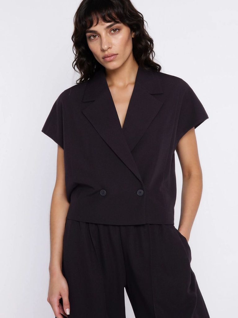 Blazer noir Nathalie manches courtes, col classique, ceinture intégrée