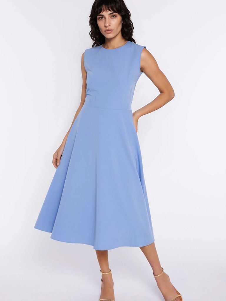 Robe trapèze bleu Élise col rond, coupe ajustée-ample, longueur genou
