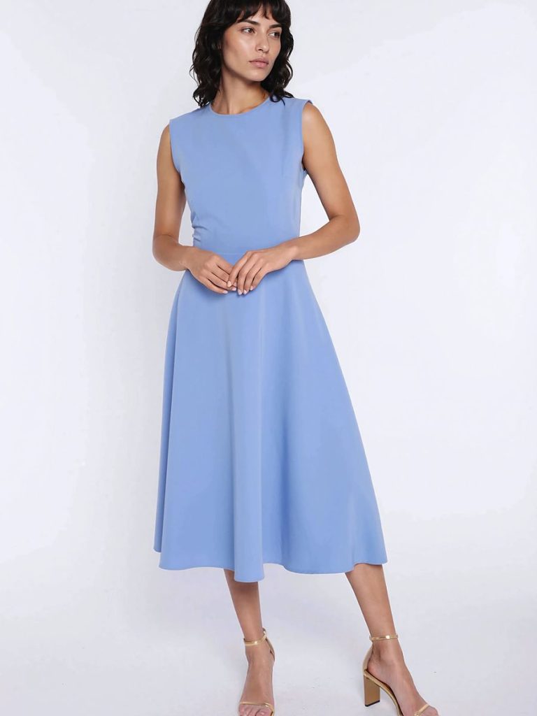Robe trapèze bleu Élise col rond, coupe ajustée-ample, longueur genou — vue 1