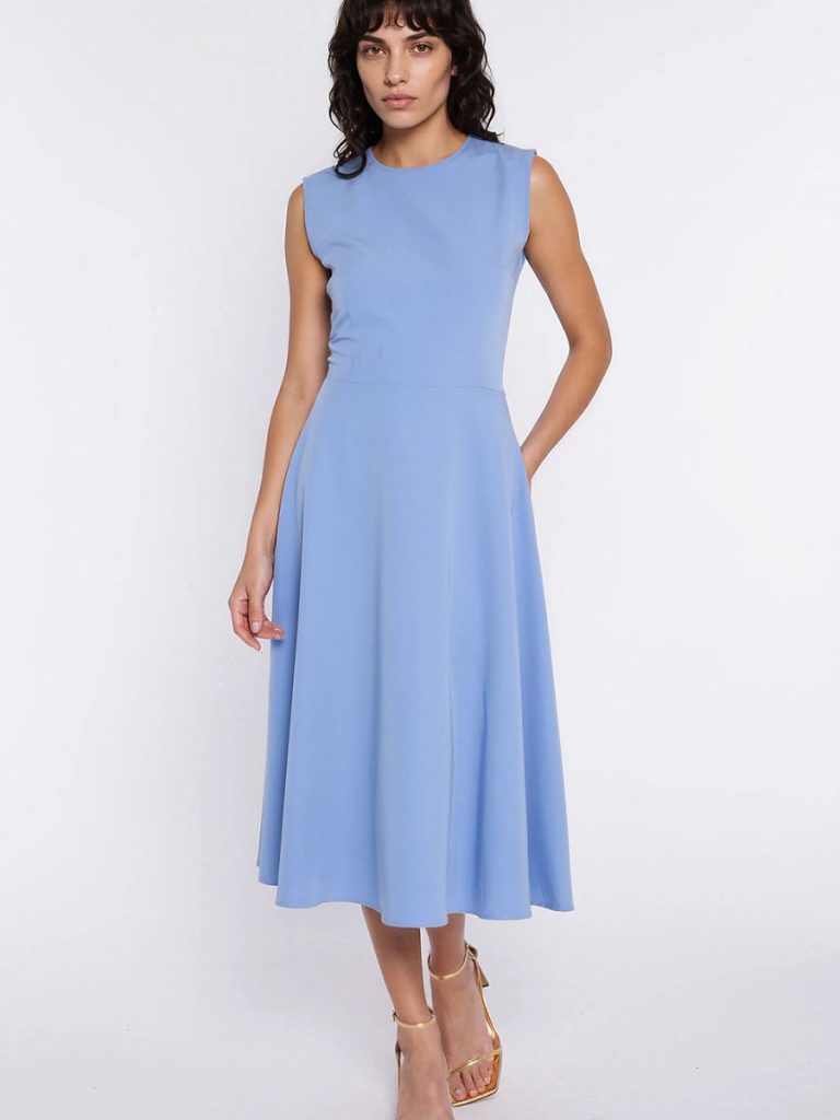Robe trapèze bleu Élise col rond, coupe ajustée-ample, longueur genou — vue 3