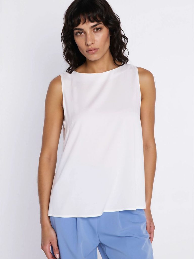 Chemisier Éva blanc sans manches viscose coupe trapézoïdale