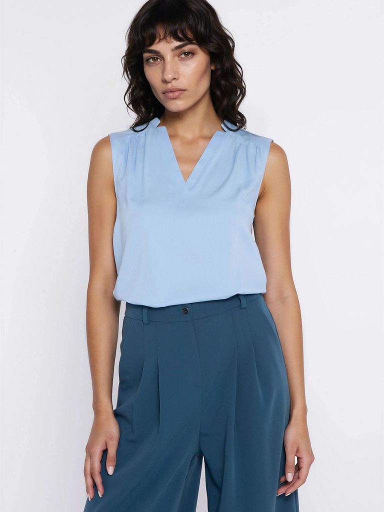 Chemisier sans manches bleu décolleté V géométrique viscose femme — vue 3