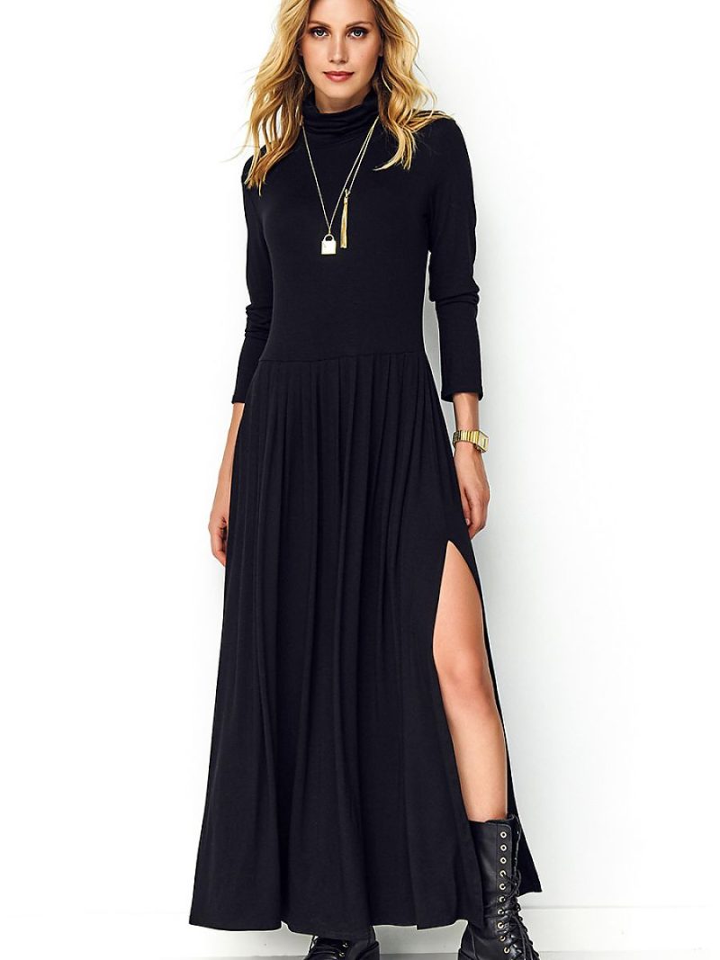 Robe col roulé manches longues avec plis taille et fentes latérales