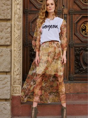 Jupe maxi bohème tulle floral viscose stretch ceinture structurée