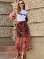 Jupe maxi en tulle floral avec jupon viscose, ceinture ajustable