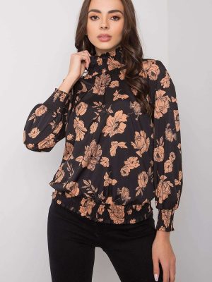 Chemisier fluide noir camel motifs floraux manches longues femme