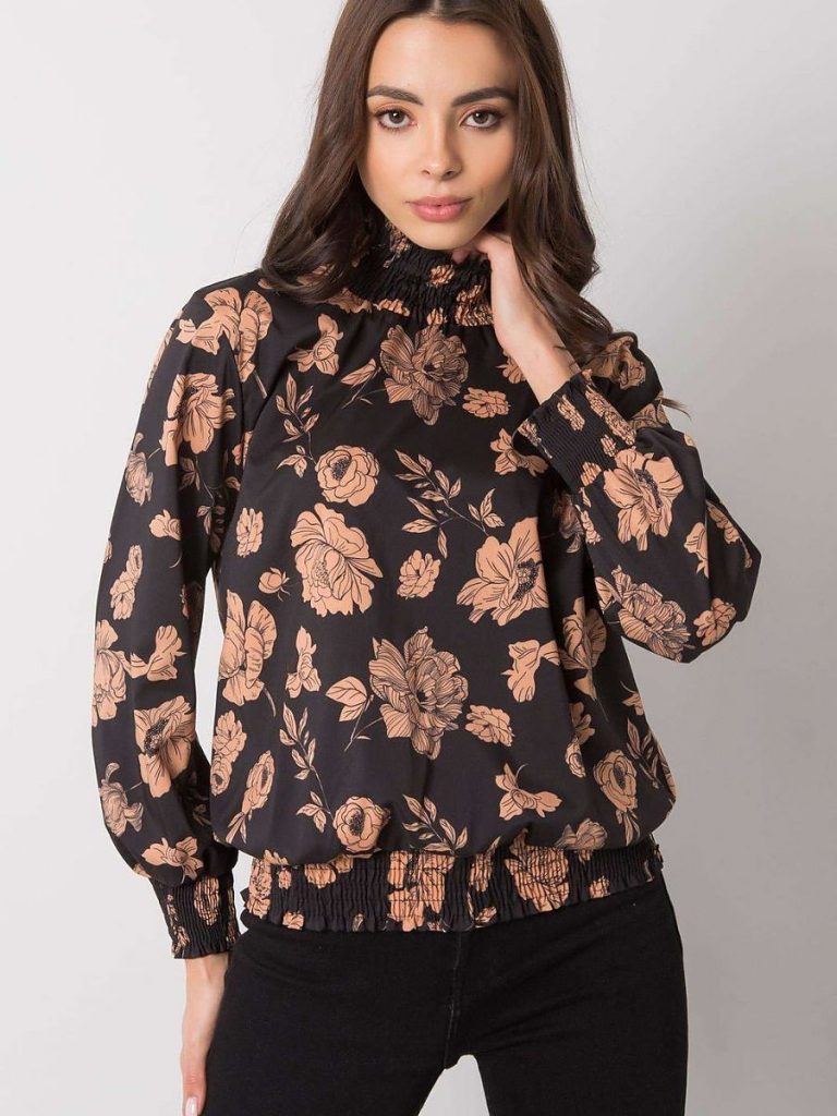 Chemisier fluide motifs floraux noir camel manches longues femme — vue 1