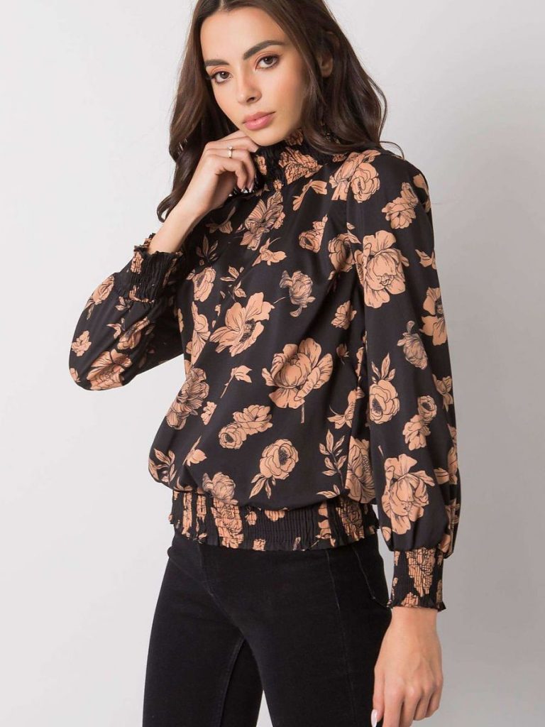 Chemisier fluide motifs floraux noir camel manches longues femme — vue 2