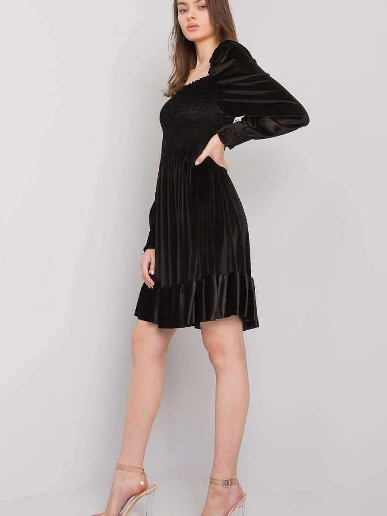 Robe de soirée en velours noir avec volant et manches longues — vue 2