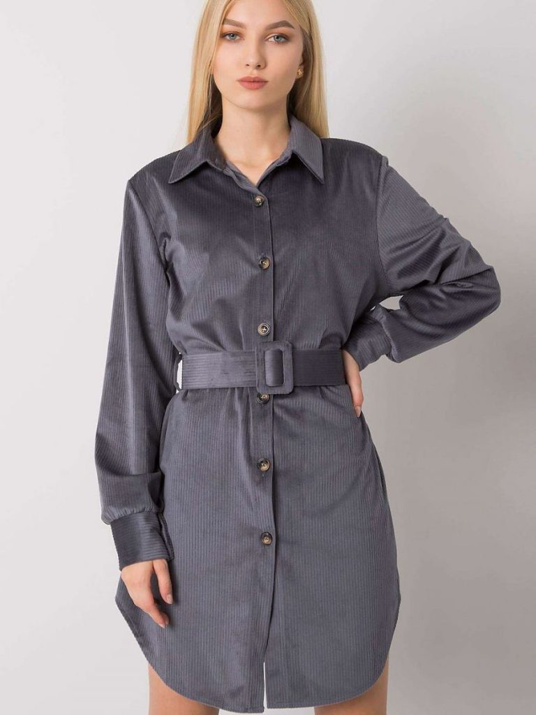 Robe Agathe gris graphite avec ceinture intégrée et boutons discrets — vue 1