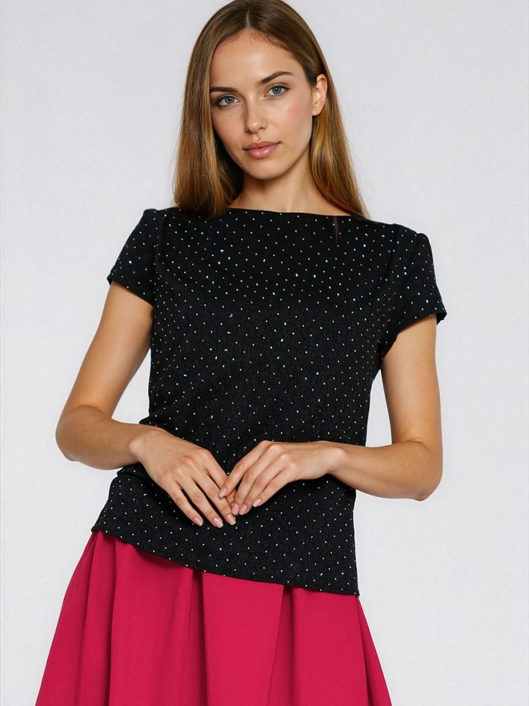 Chemisier femme ajusté avec strass argentés et décolleté bateau — vue 3