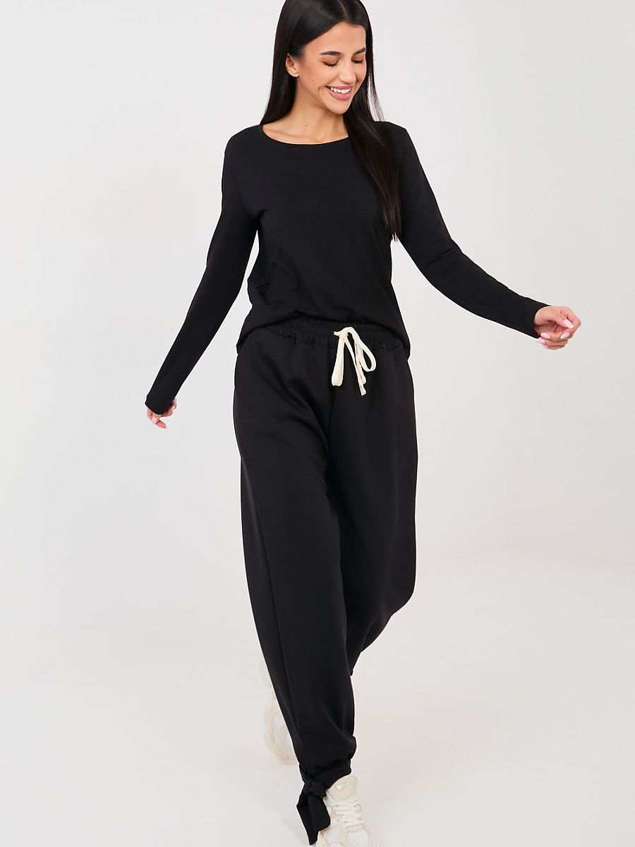 Pantalon jogging noir femme taille haute ceinture ajustable — vue 1