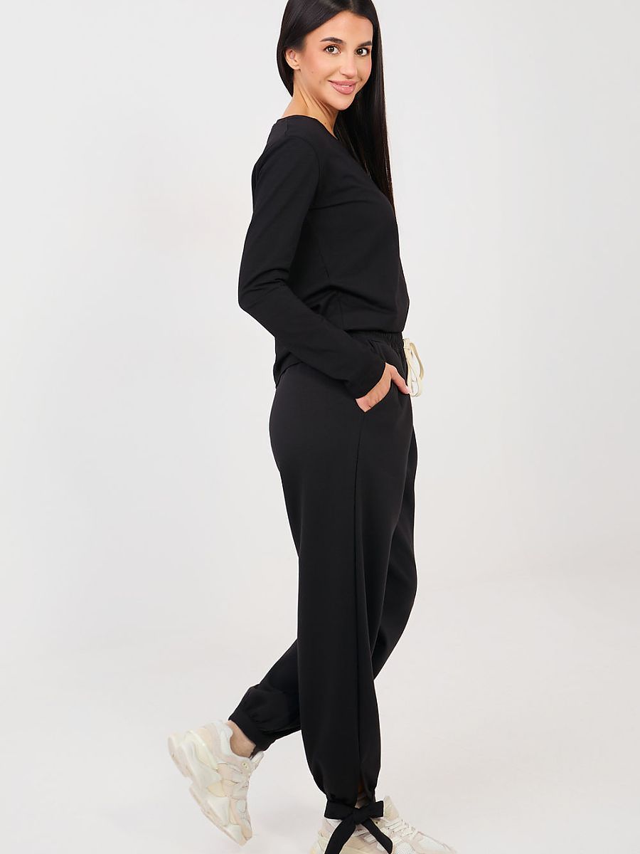 Pantalon jogging noir femme taille haute ceinture ajustable — vue 2