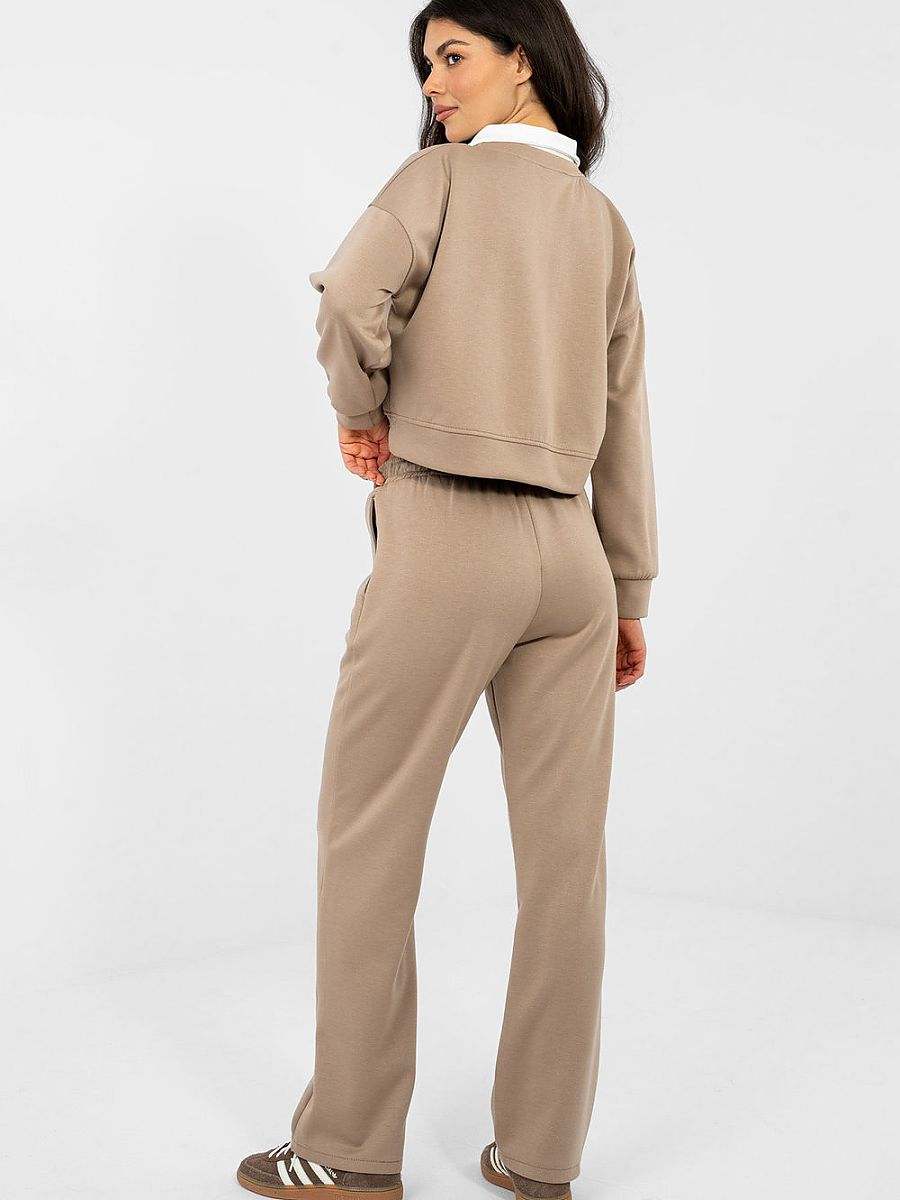 Ensemble survêtement beige femme : sweat court brodé et pantalon taille haute — vue 2