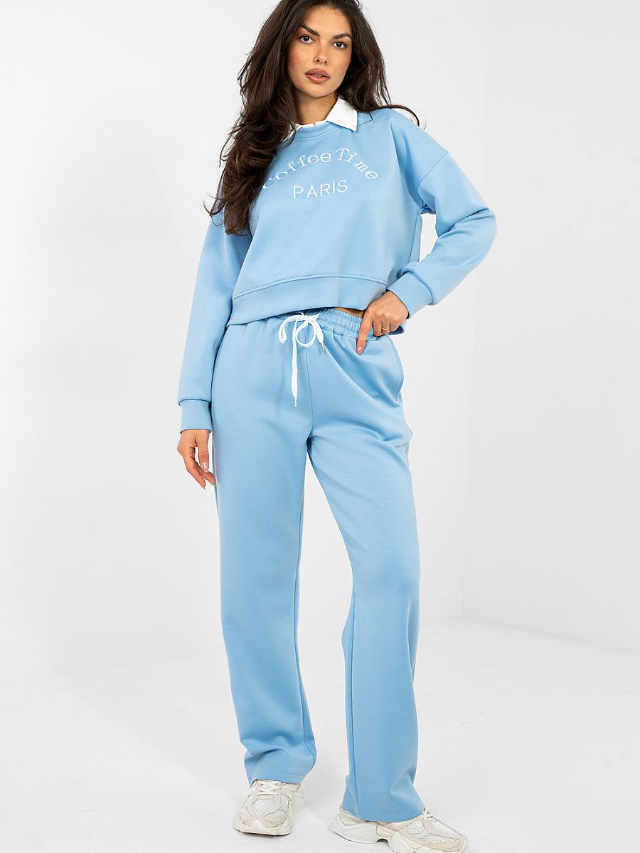 Ensemble loungewear bleu femme sweat court pantalon taille haute