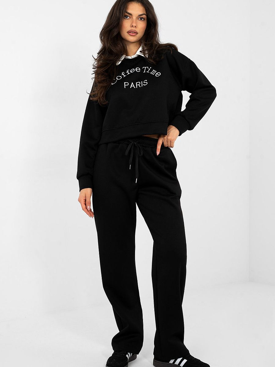 Ensemble survêtement femme noir sweat brodé pantalon taille haute