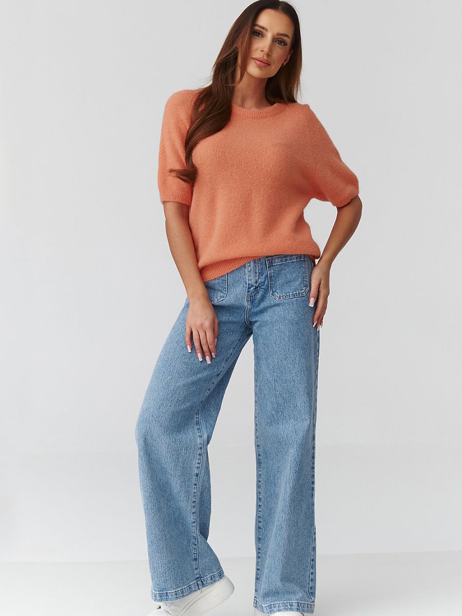 Pull femme orange oversize, manches courtes, tricot alpaga suri — vue 1
