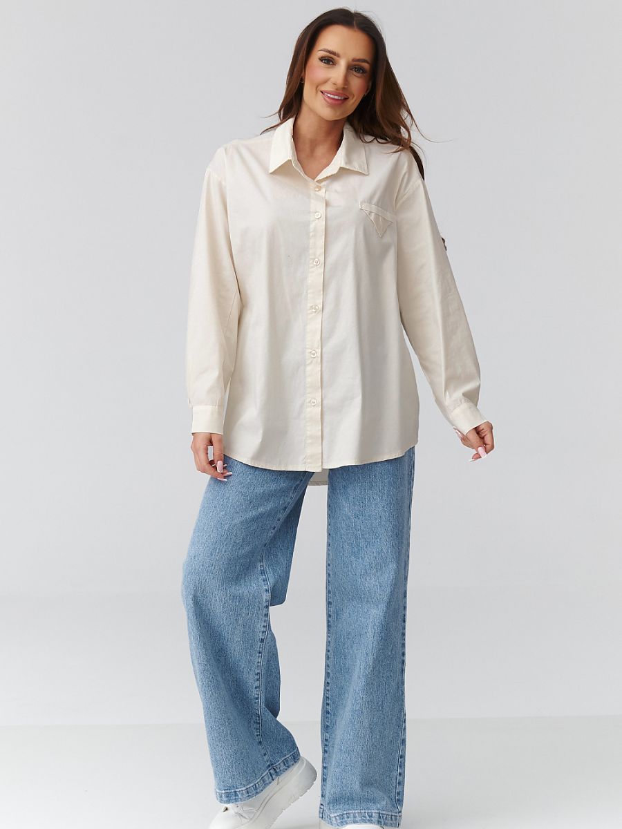 Chemise beige clair femme coupe ample manches longues col classique — vue 1