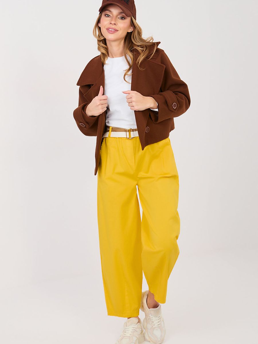 Pantalon carotte jaune taille haute, coupe 7/8 fusselée, femme — vue 1