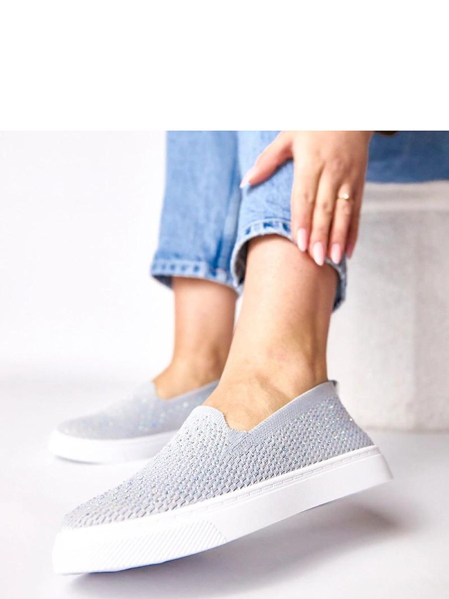 Basket gris clair femme sans lacets avec détails strass, vue de profil — vue 3