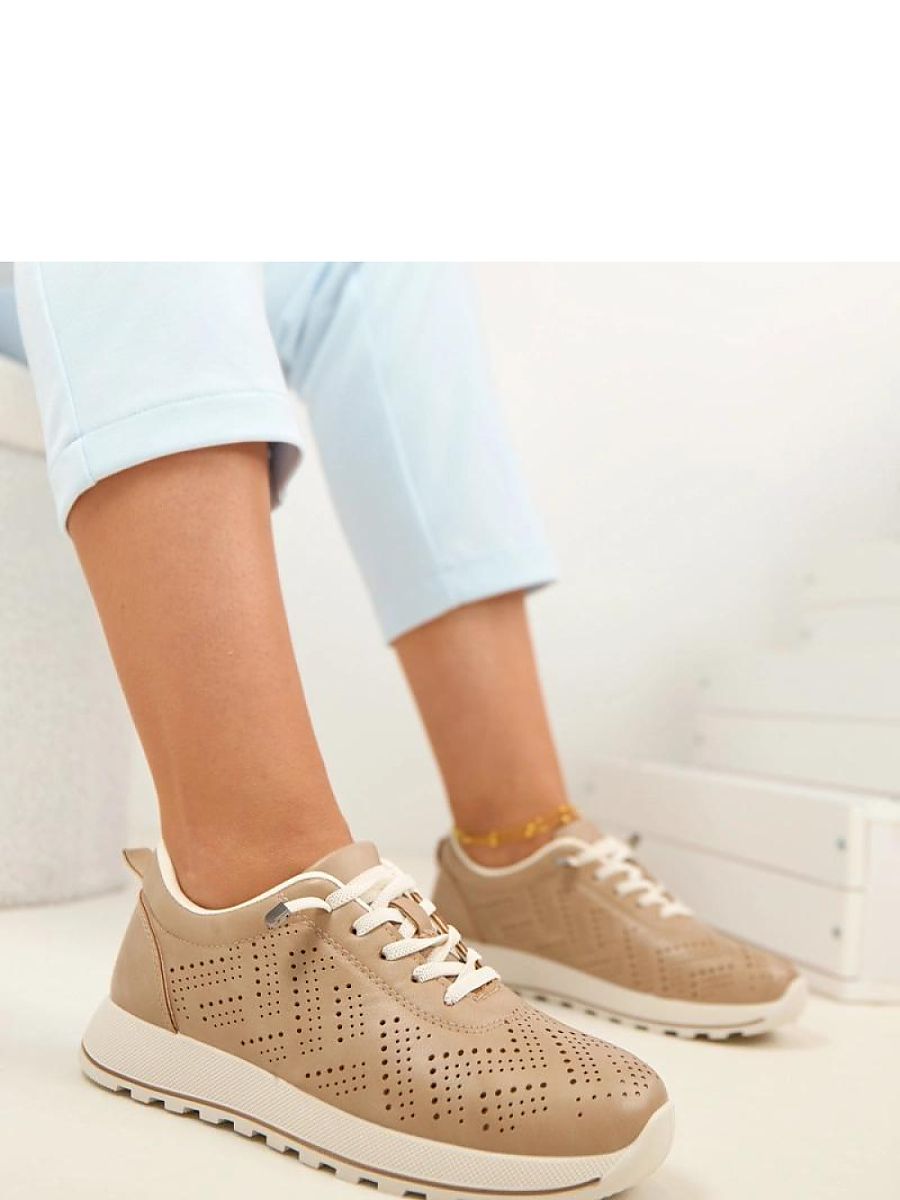 Sneaker beige femme tige dentelle ajourée vue de face — vue 1