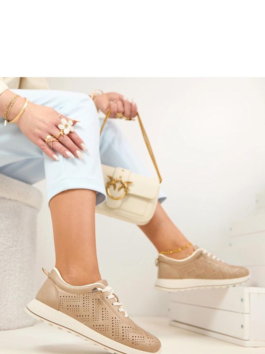 Sneaker beige femme tige dentelle ajourée vue de face — vue 2