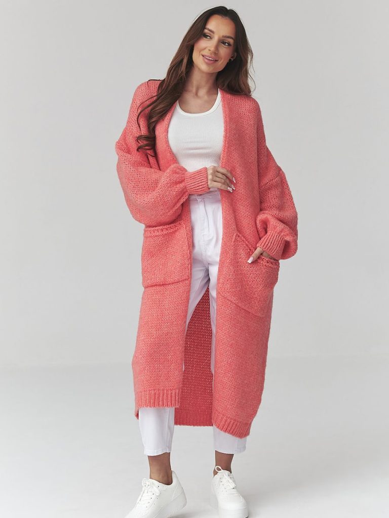 Cardigan long ample rosé, maille douce, poches, femme — vue 1