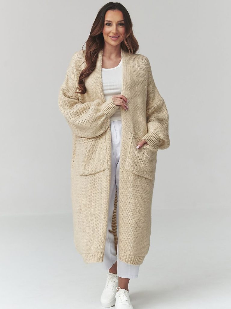 Cardigan Léonie long beige oversize maille douce femme — vue 1