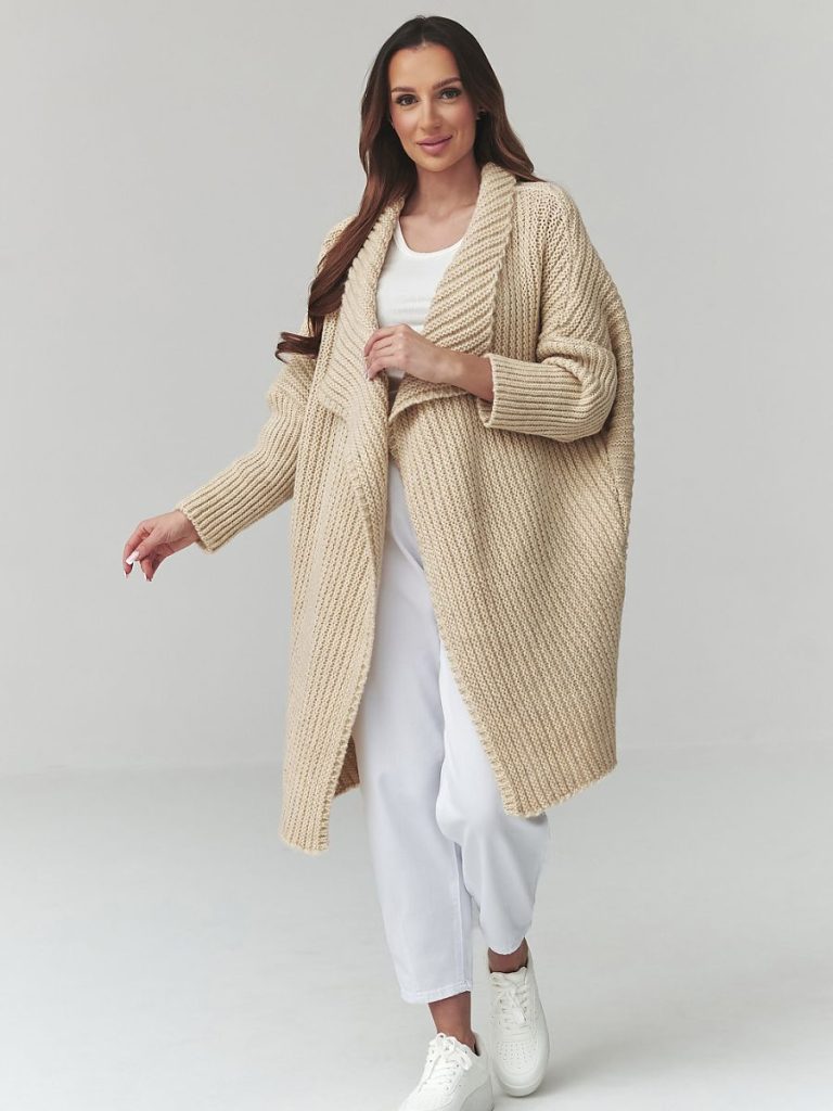 Cardigan beige oversize coupe généreuse longueur midi femme — vue 1