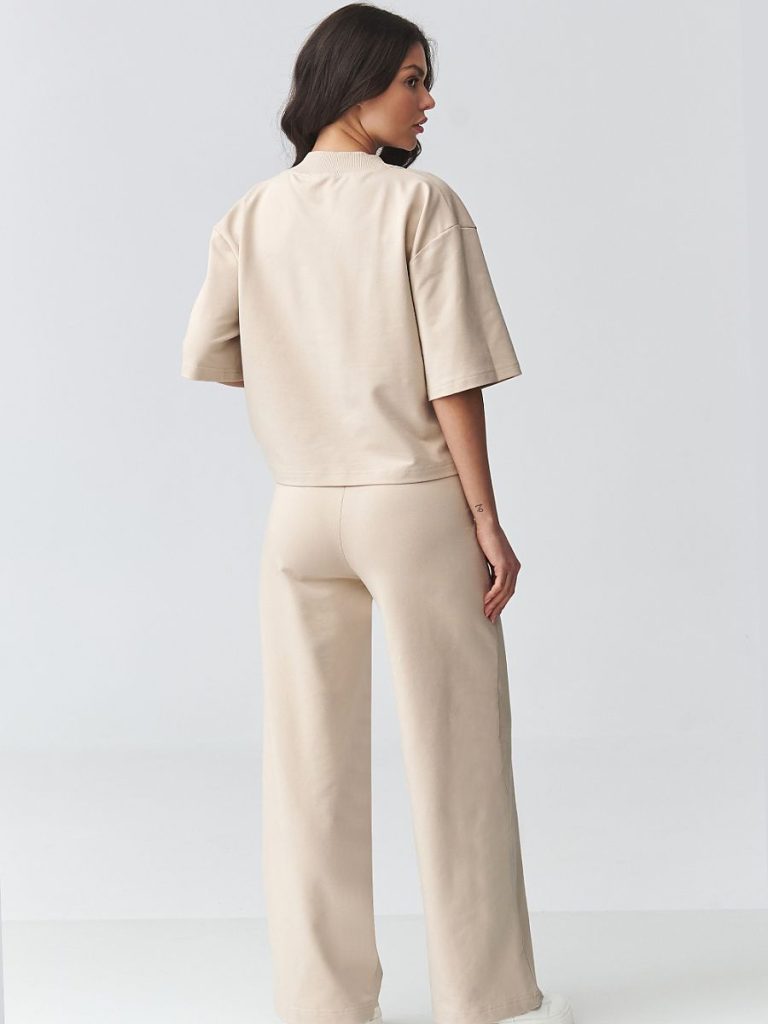 Ensemble beige femme : chemisier V ample et pantalon large fluide — vue 2