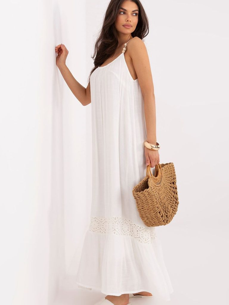 Robe maxi bohème beige avec dentelle ajourée et bretelles réglables — vue 1