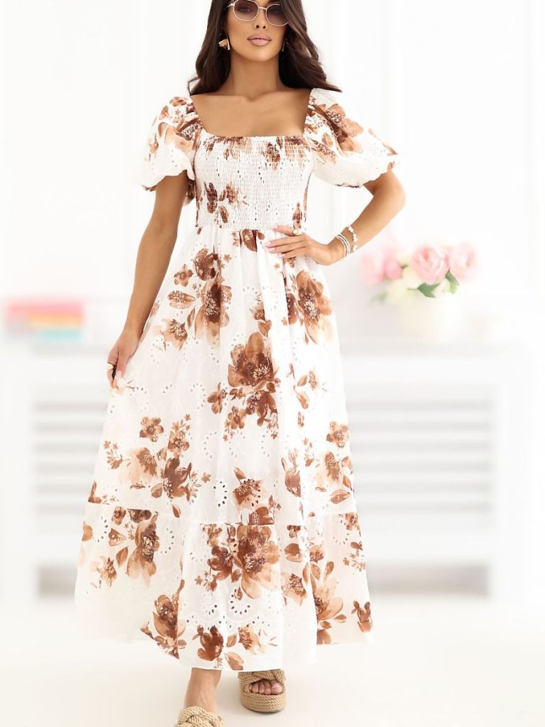 Robe Léa floral marron, décolleté carré, manches bouffantes, coton — vue 3