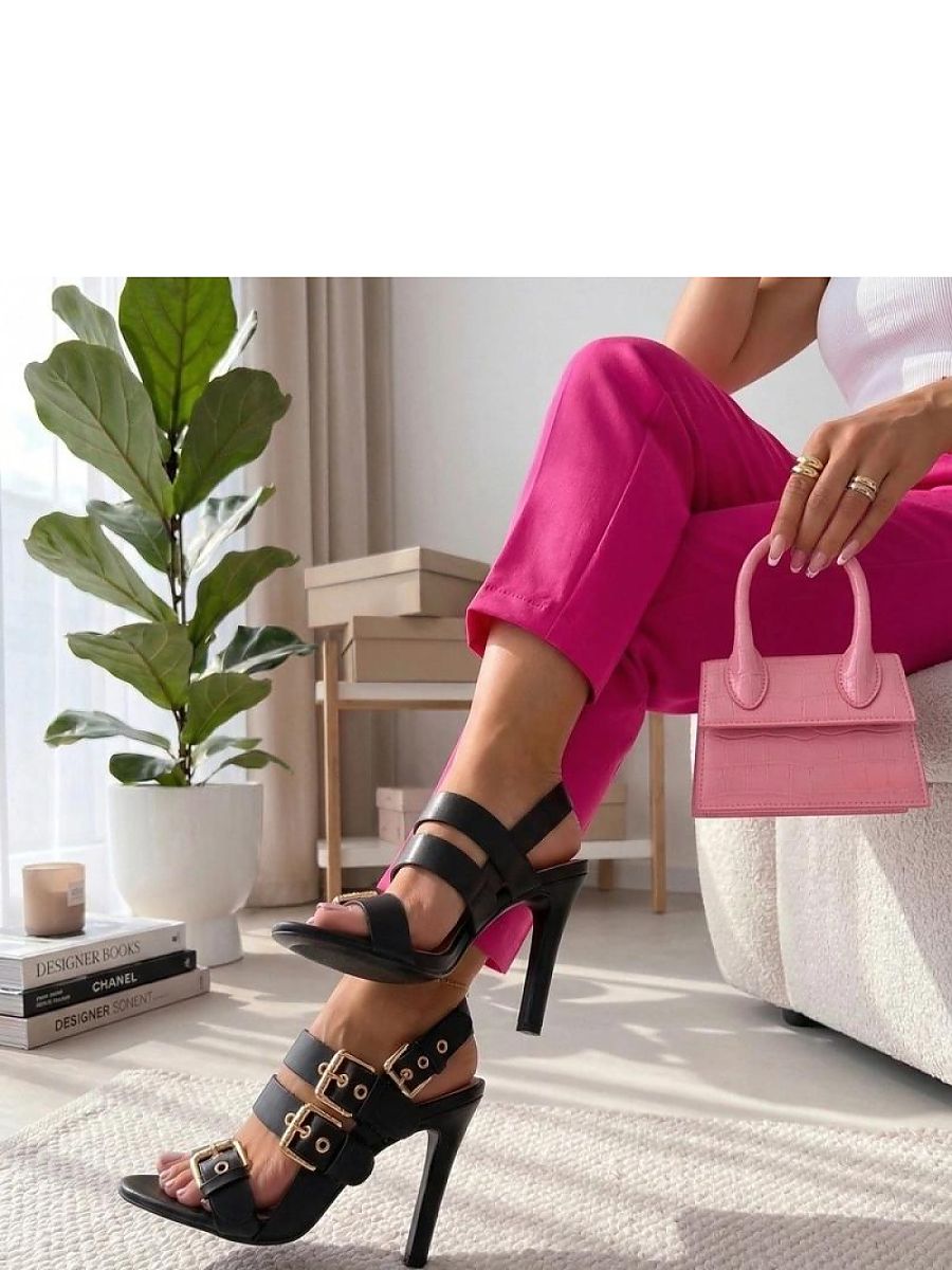 Sandales noires talon aiguille 10 cm cuir écologique réglables — vue 1