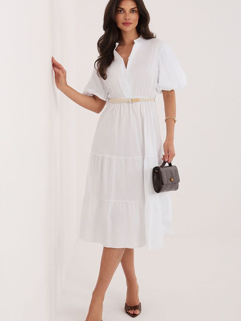 Robe midi blanc pur décolleté cœur manches bouffantes ceinture