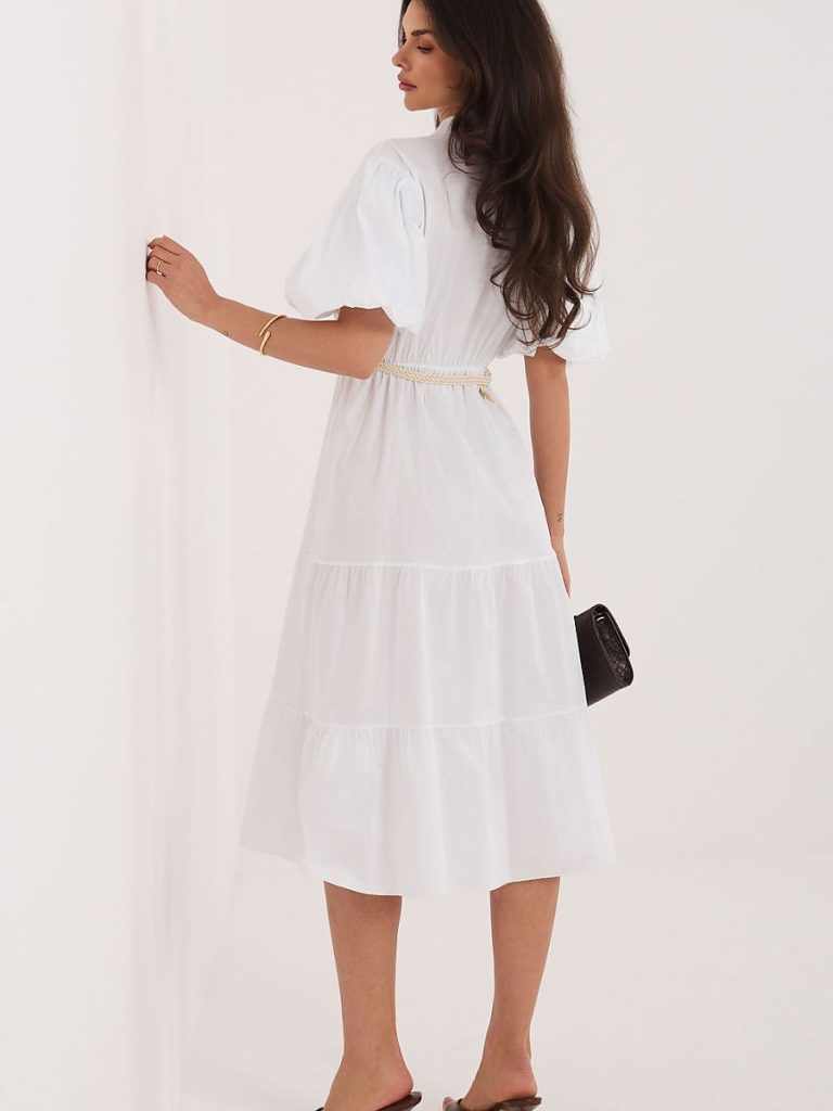 Robe midi blanc pur décolleté cœur manches bouffantes ceinture — vue 2